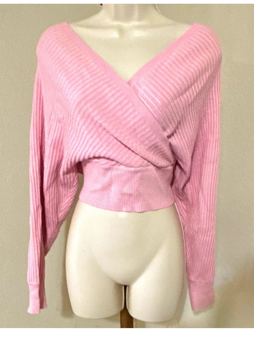 Forever 21 Women’s Pink Solid Ribbed Knit Wrap V-Neck Long Sleeve Sweater S